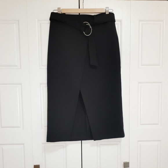 Topshop Belted Pencil Skirt Black Front Slit Sz 6 - Picture 2 of 5